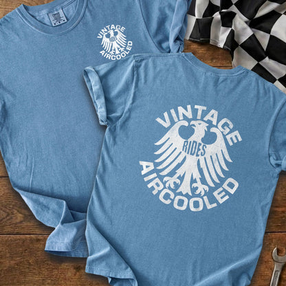 Blue t-shirt with "Vintage Rides Aircooled" eagle graphic and Comfort Colors tag.