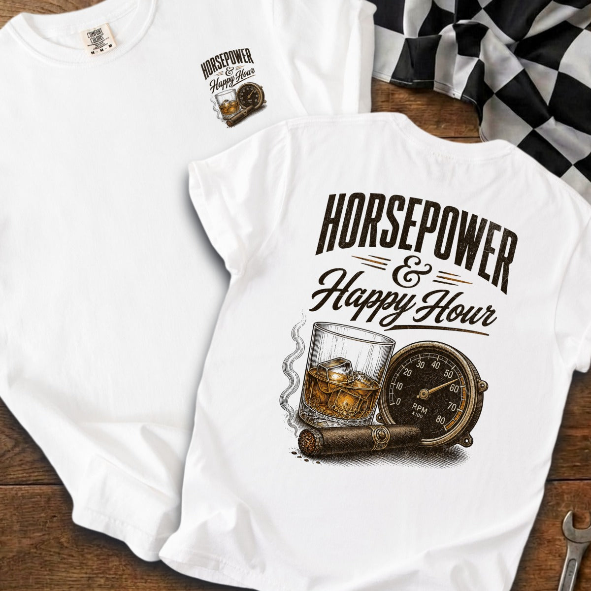 White t-shirt with "Horsepower & Happy Hour" text and illustration.