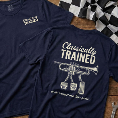 Navy t-shirt with "Classically Trained" and trumpet on back, checkered flag accent.