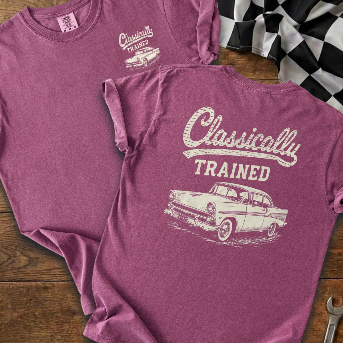 T-shirts with "Classically TRAINED" and a classic car graphic.