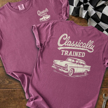 T-shirts with "Classically TRAINED" and a classic car graphic.