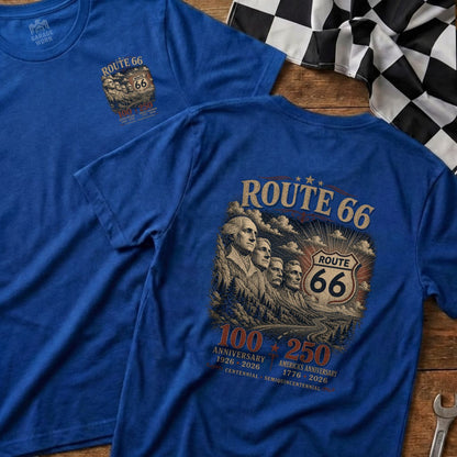Blue t-shirt with Route 66 design featuring Mount Rushmore, anniversary text, and the Route 66 shield.