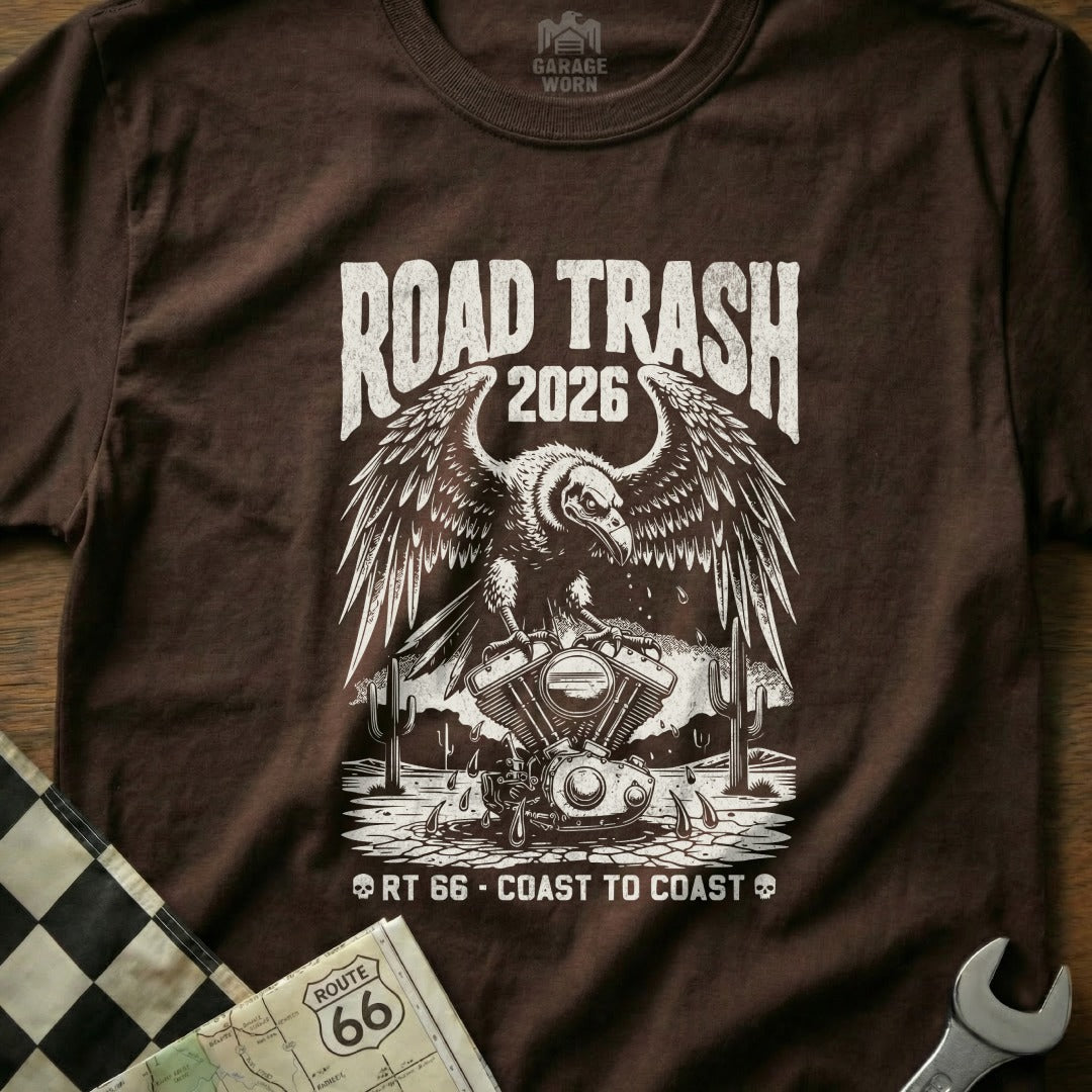 Brown t-shirt with "ROAD TRASH 2026" and vulture on motorcycle engine.