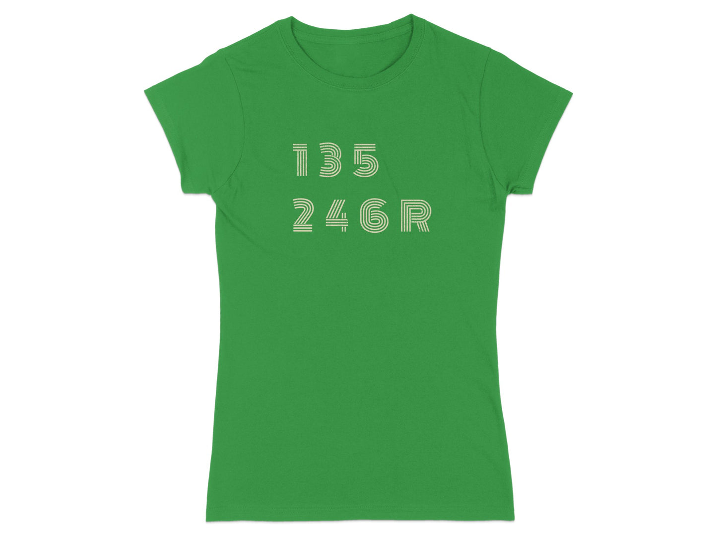 Green t-shirt with white text reading "135 246R".