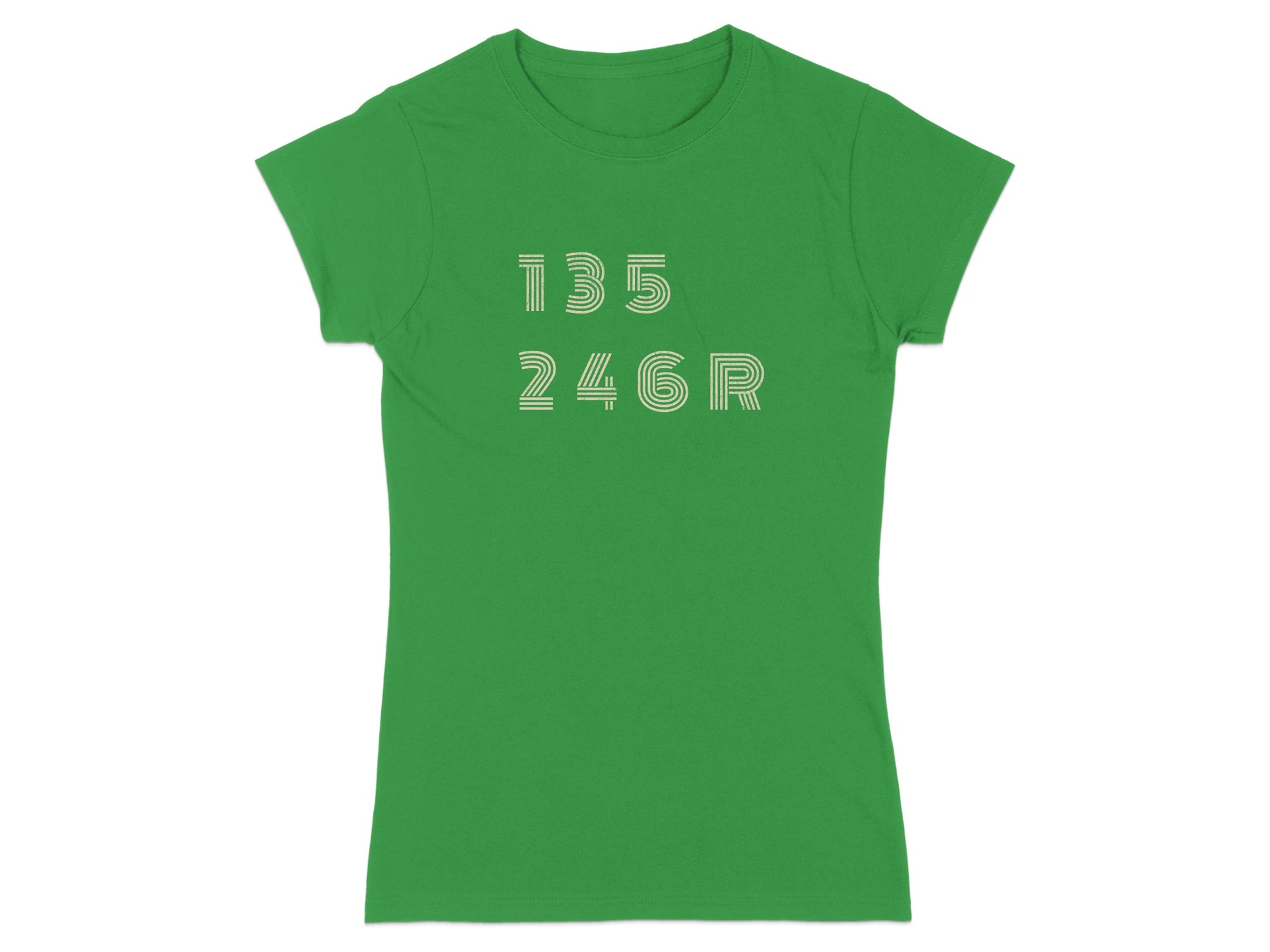 Green t-shirt with white text reading "135 246R".