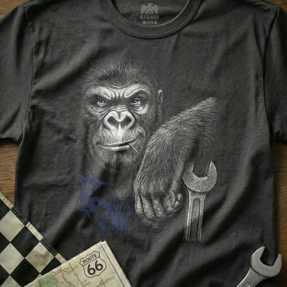 Gorilla in a blue shirt holding a wrench, with Route 66 map.