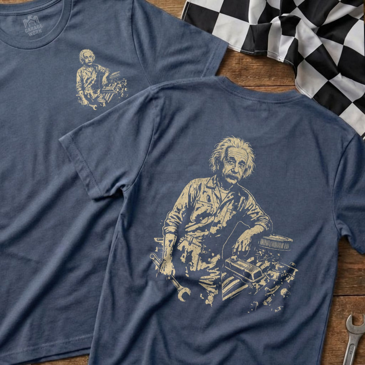 T-shirt with illustration of Albert Einstein leaning on an engine with tools.