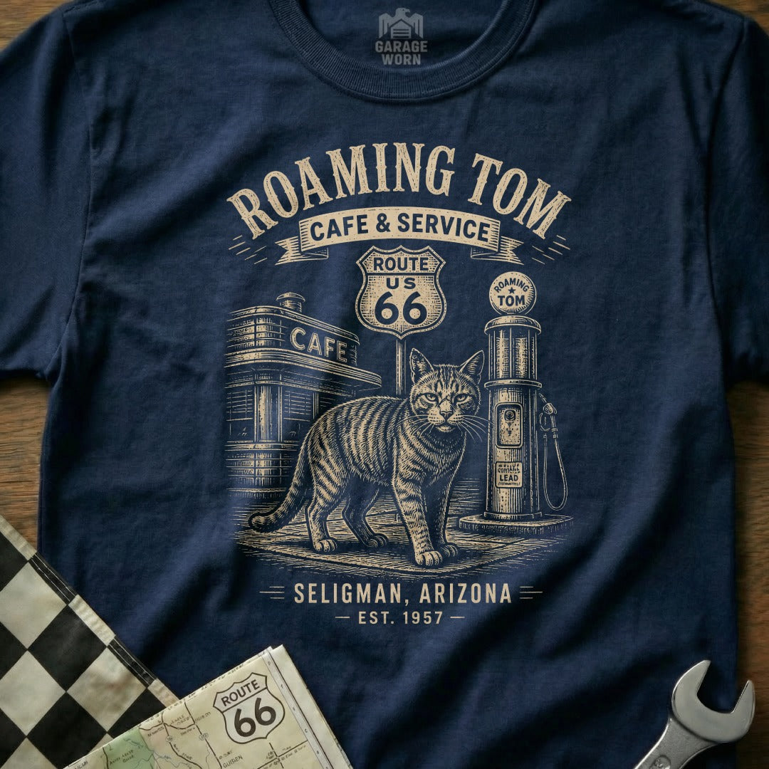 T-shirt graphic with a cat by a Route 66 gas station and cafe in Seligman, Arizona.