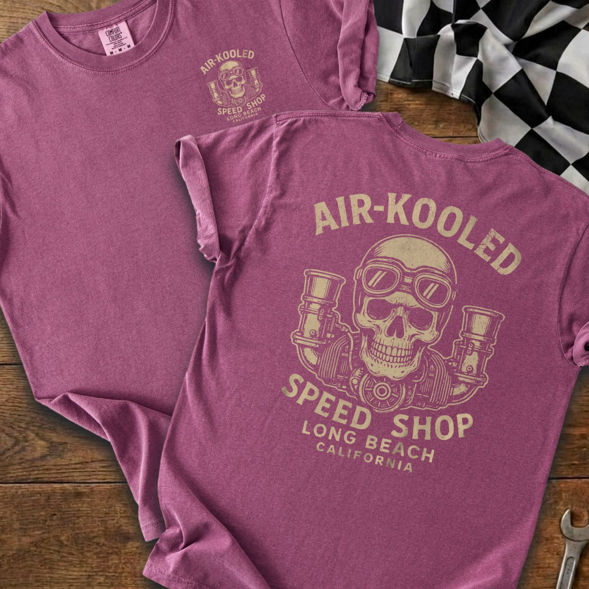 Maroon t-shirt with "Air-Kooled Speed Shop Long Beach California" graphic.