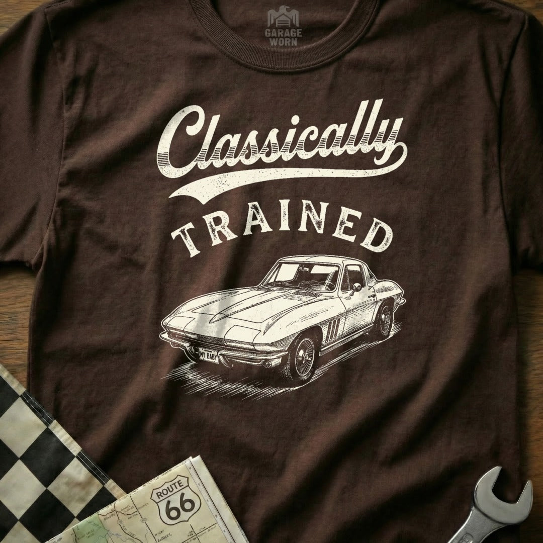 Brown t-shirt with "Classically Trained" and a vintage Corvette graphic.