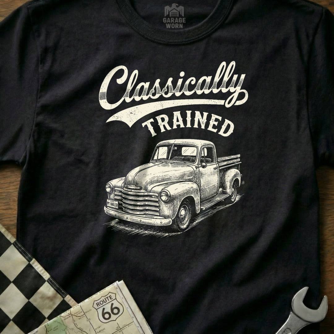 Black t-shirt with "Classically TRAINED" text and vintage truck illustration.