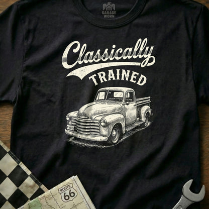 Black t-shirt with "Classically TRAINED" text and vintage truck illustration.
