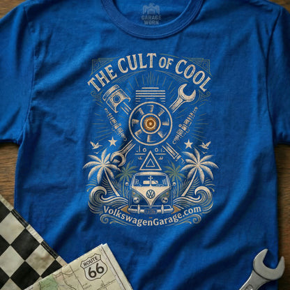 Blue t-shirt with "The Cult of Cool" and Volkswagen van graphic.