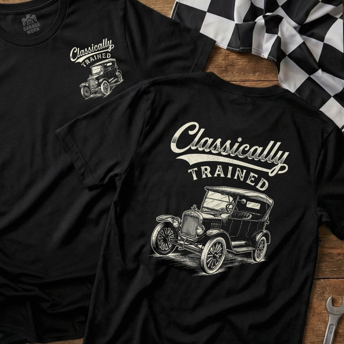 Black t-shirt with "Classically Trained" text and vintage car graphic.