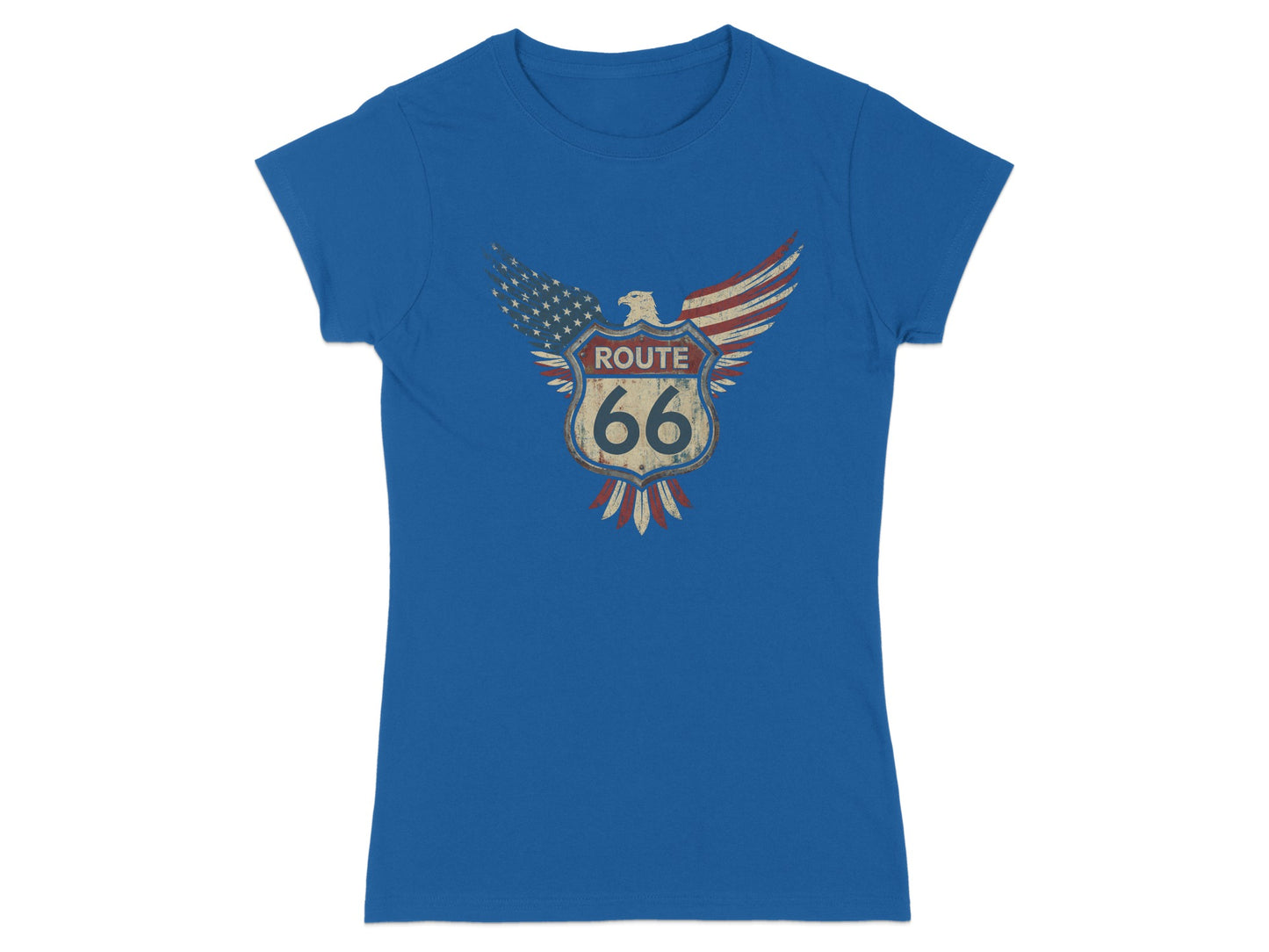 Blue t-shirt with distressed Route 66 eagle emblem.