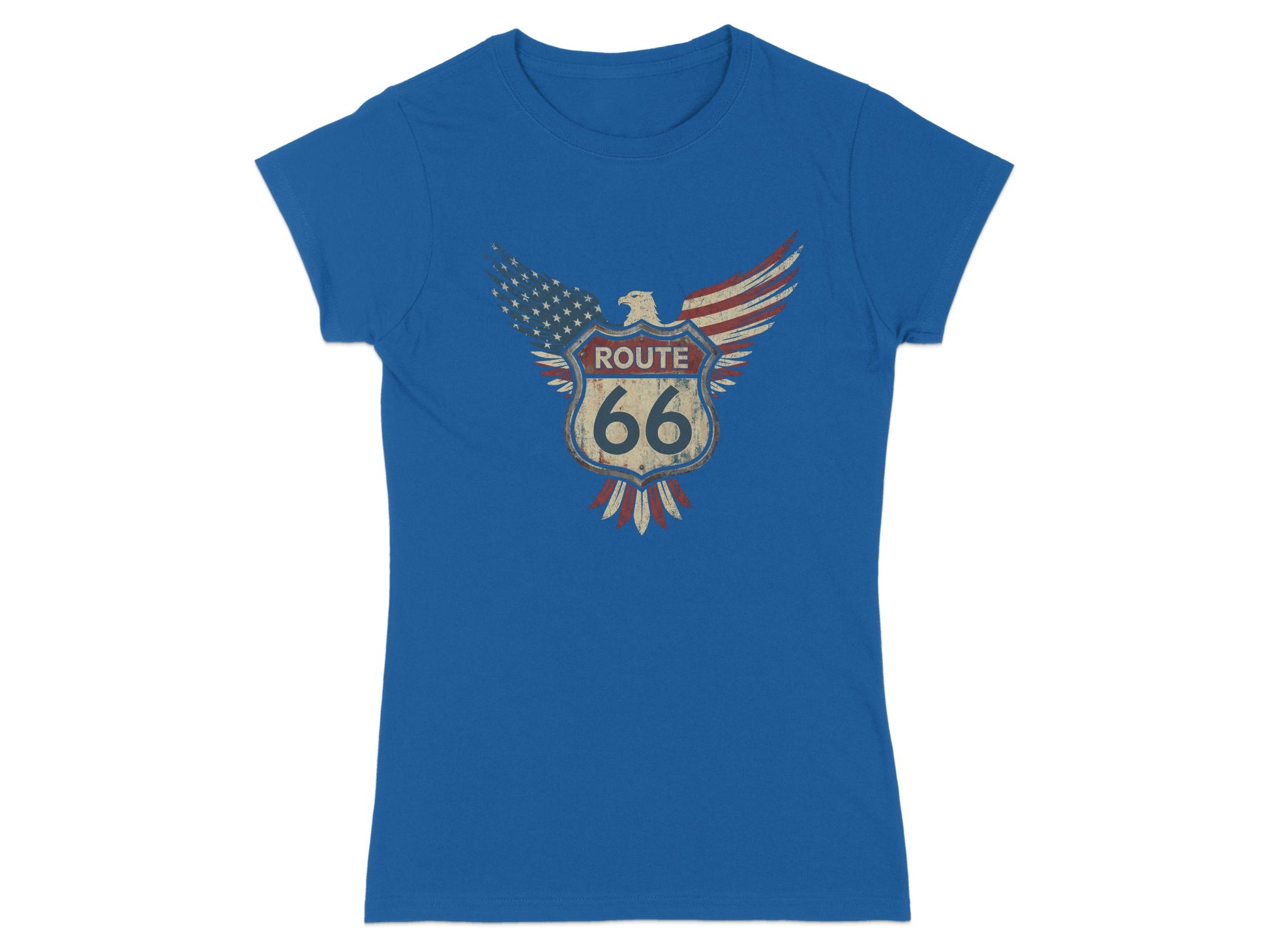 Blue t-shirt with distressed Route 66 eagle emblem.
