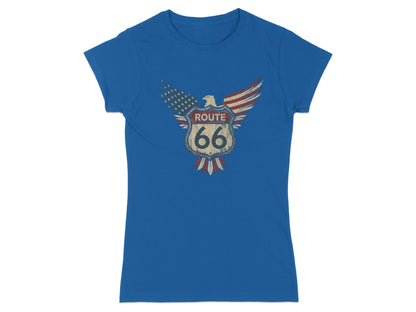 Blue t-shirt with distressed Route 66 eagle emblem.