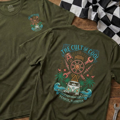 Green t-shirt with "The Cult of Cool" graphic featuring a vintage van, engine parts, and palm trees.