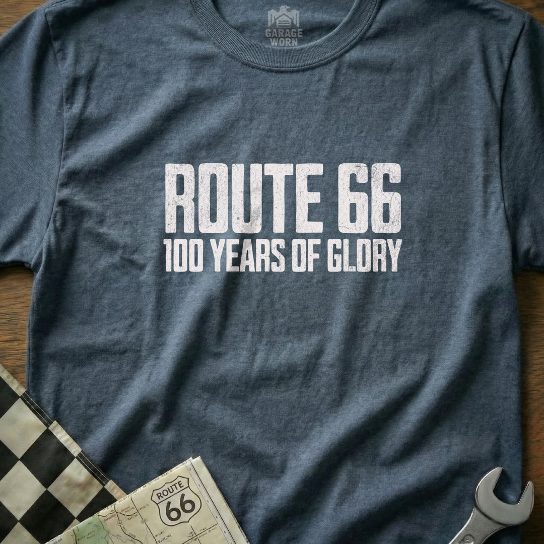 Dark blue t-shirt with "Route 66 100 Years of Glory" text.