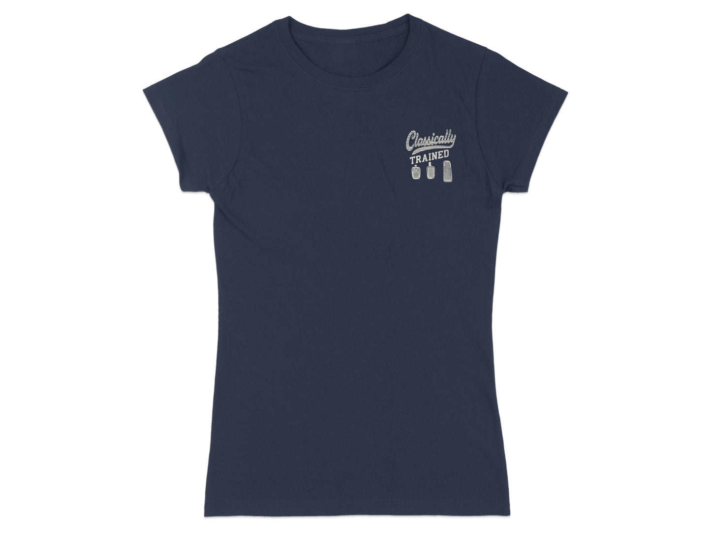 Dark blue t-shirt with "Classically Trained" and three gear shift pedals graphic.