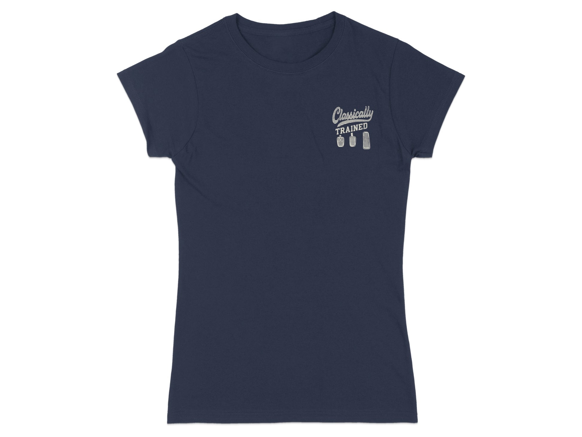 Dark blue t-shirt with "Classically Trained" and three gear shift pedals graphic.