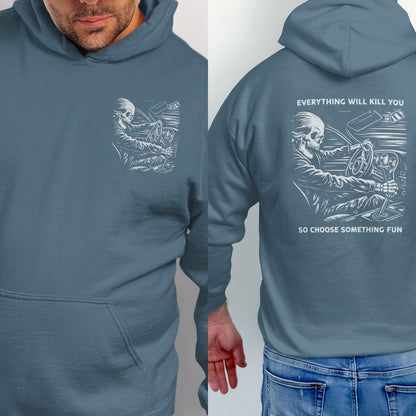 Blue hoodie with a front chest pocket print and large back print of a skeleton driving a car.