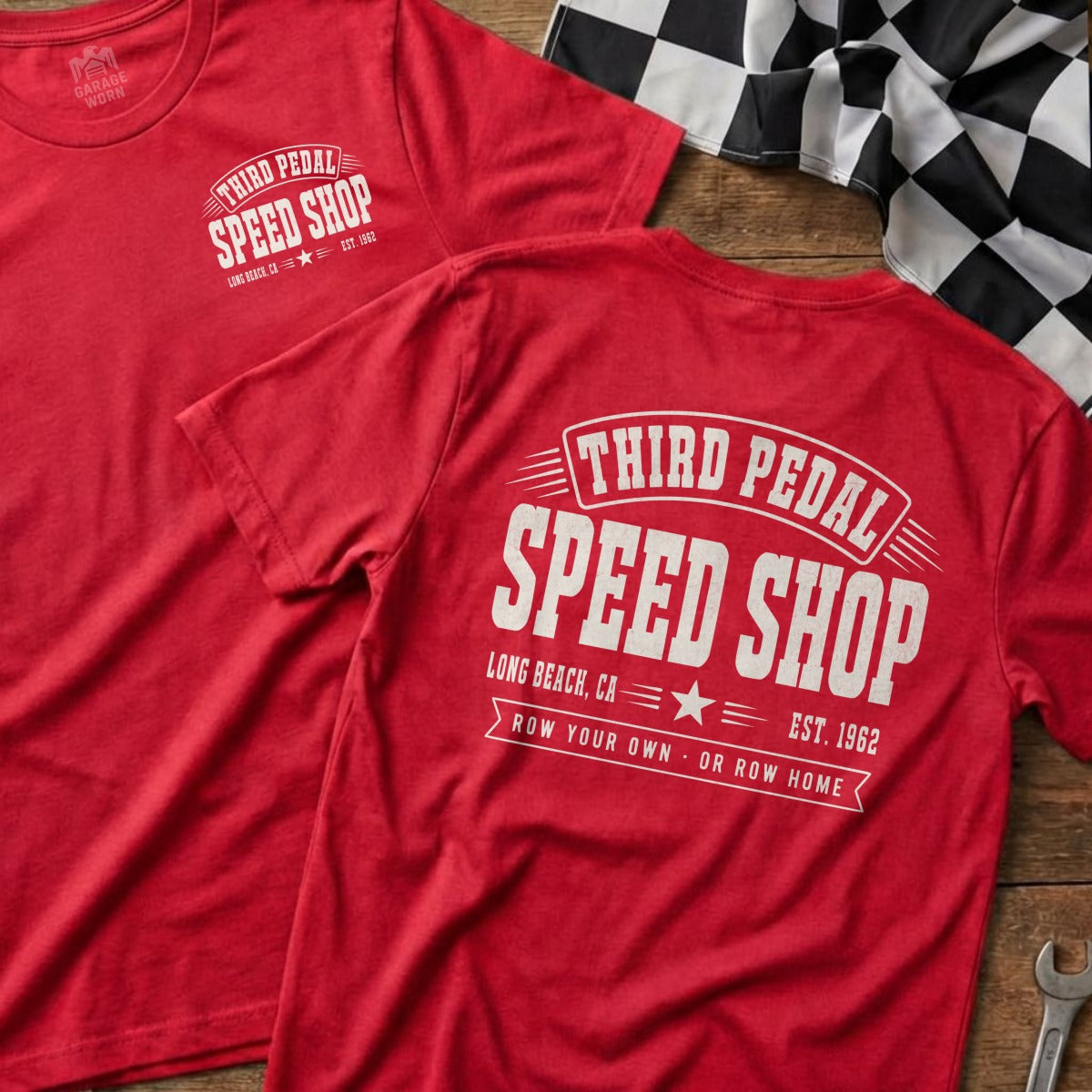 Red t-shirts with "Third Pedal Speed Shop Long Beach CA Est. 1962" text.