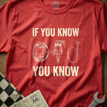 Red t-shirt with text "IF YOU KNOW" and line drawings of car parts, "YOU KNOW".