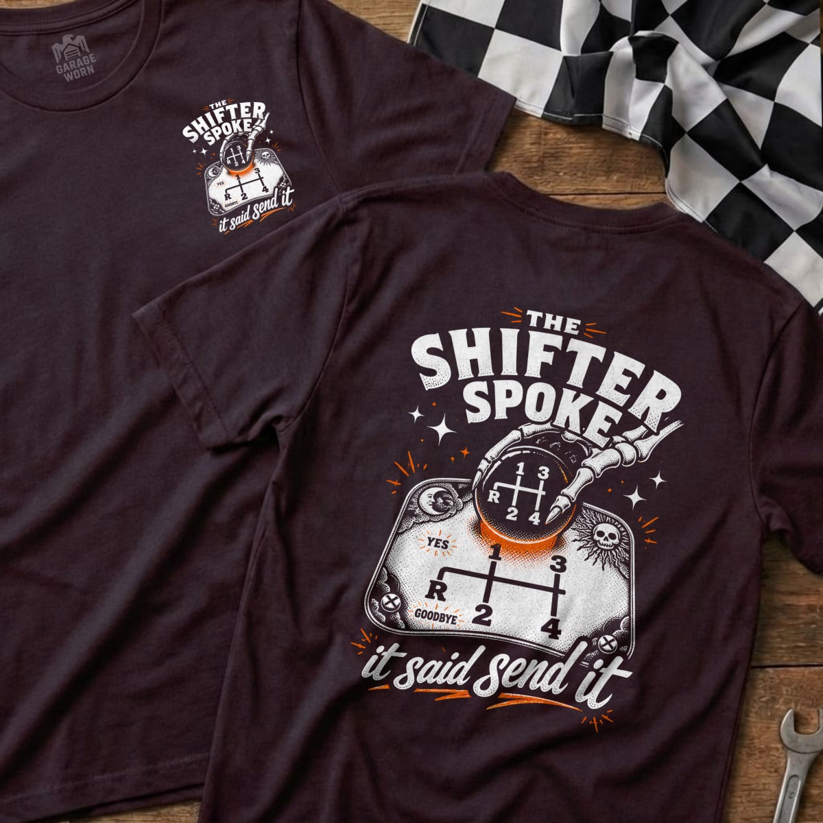 T-shirt with skeleton hand on a manual gear shift pattern.