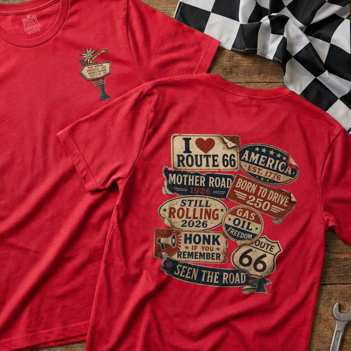 Red t-shirt with Route 66 graphics and text.
