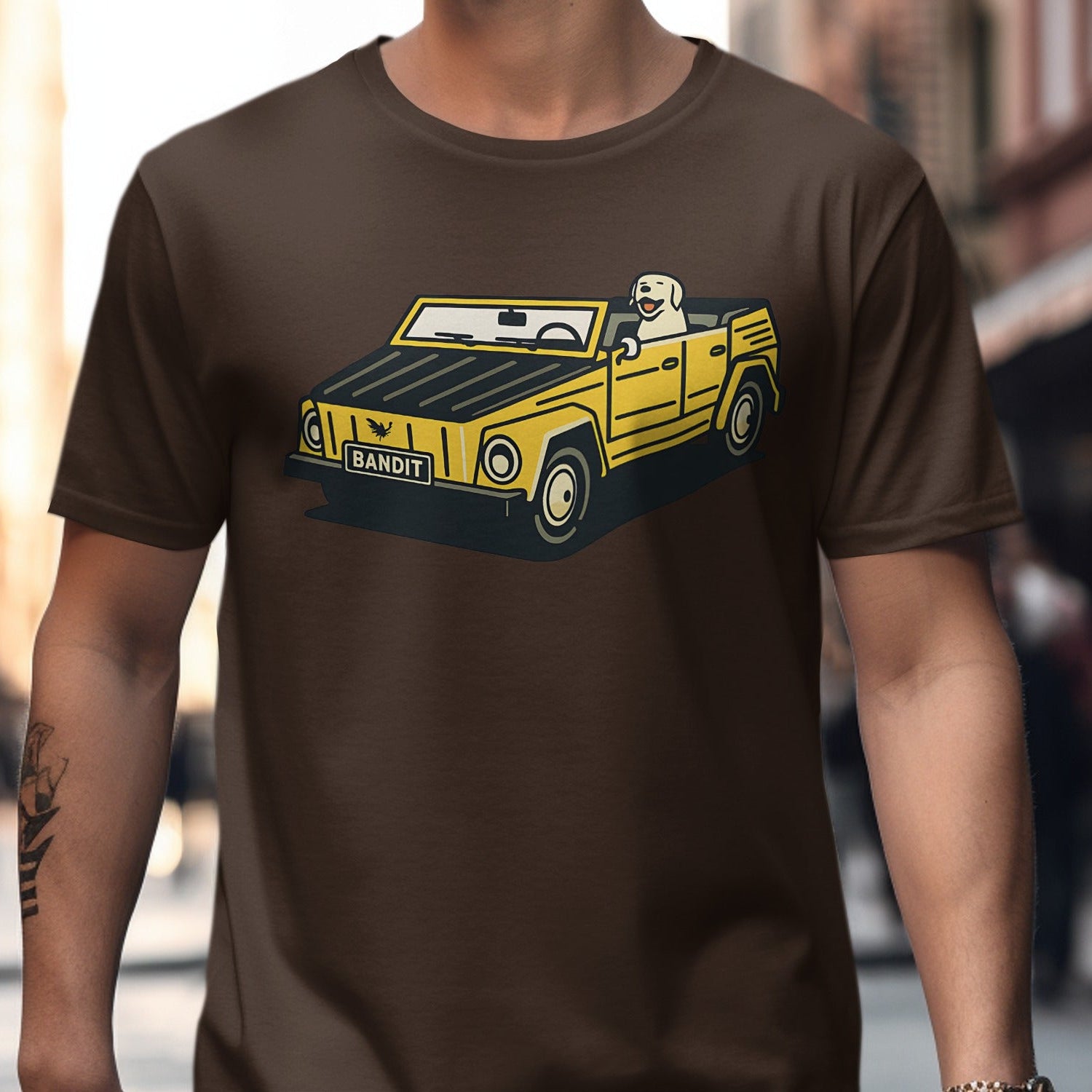 Classic Car and Dog Graphic Brown T-Shirt product