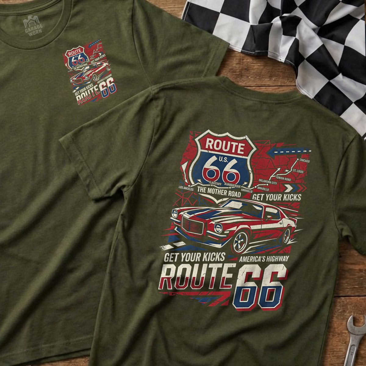 Olive green t-shirt with Route 66 logo, map, and "Get Your Kicks" text.