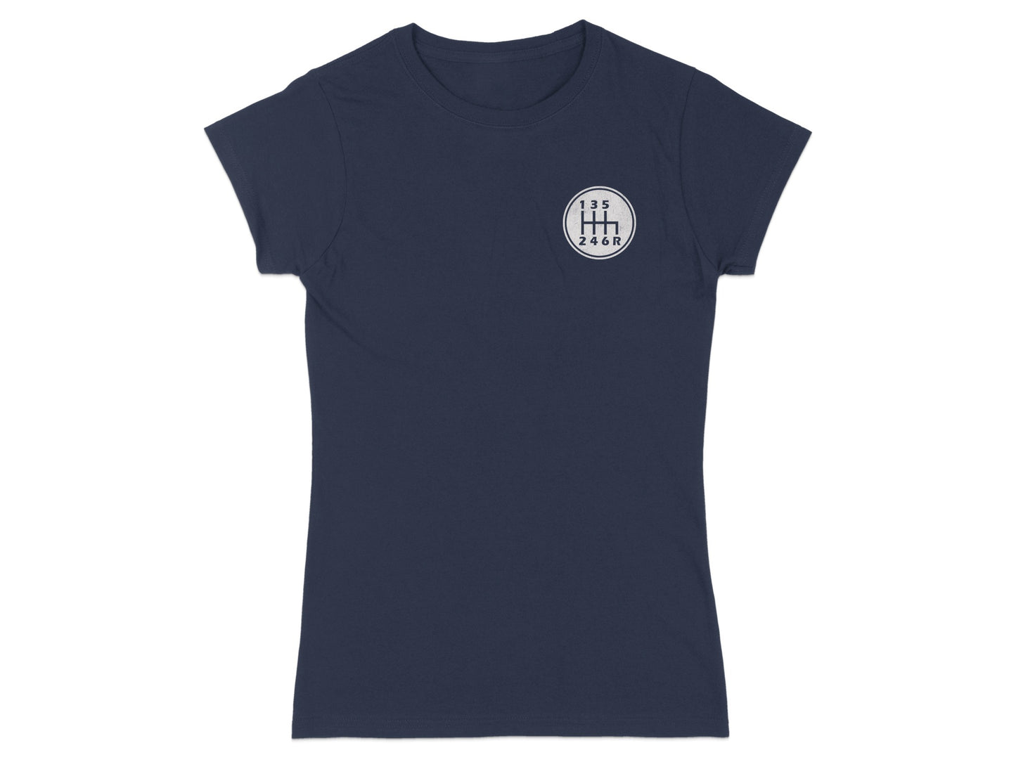 Navy t-shirt with a white manual transmission shift pattern graphic.