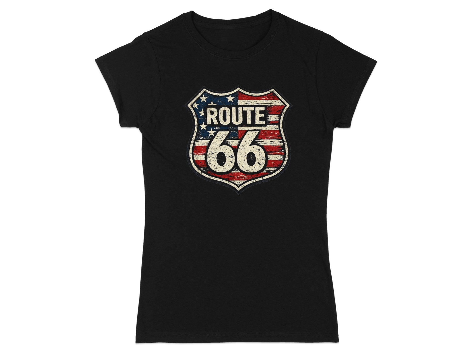 Black t-shirt featuring a distressed Route 66 shield logo with American flag elements.