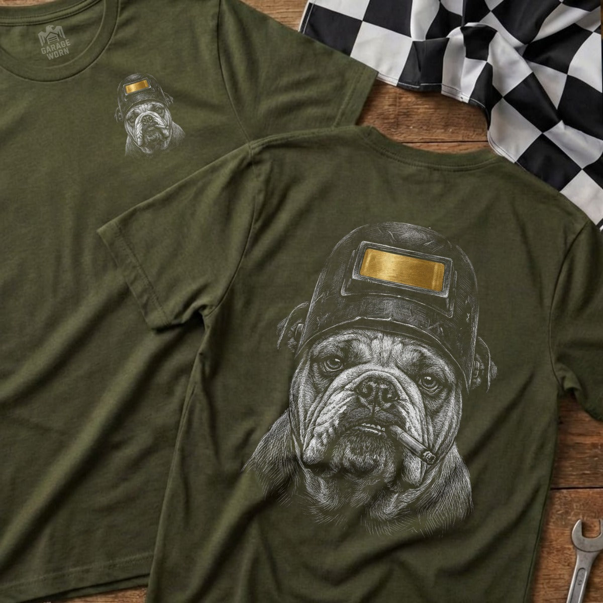 T-shirt with a bulldog wearing a welding mask and smoking.