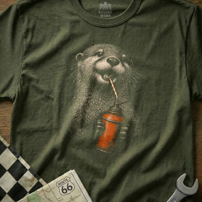 Olive t-shirt with illustration of an otter drinking from an oil can.