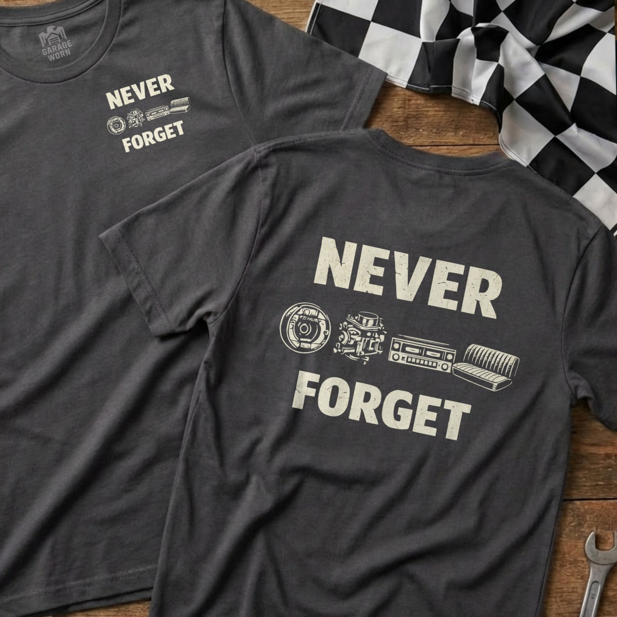 Gray t-shirt with "NEVER FORGET" and car parts graphic.