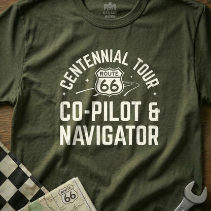 Green t-shirt with "Centennial Tour Route 66 Co-Pilot & Navigator" text.