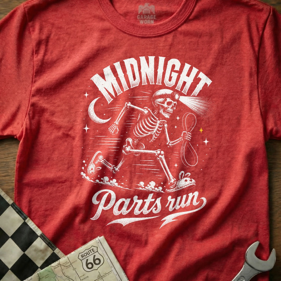 Red t-shirt with skeleton graphic and "Midnight Parts Run" text.