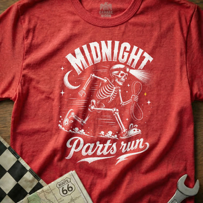 Red t-shirt with skeleton graphic and "Midnight Parts Run" text.