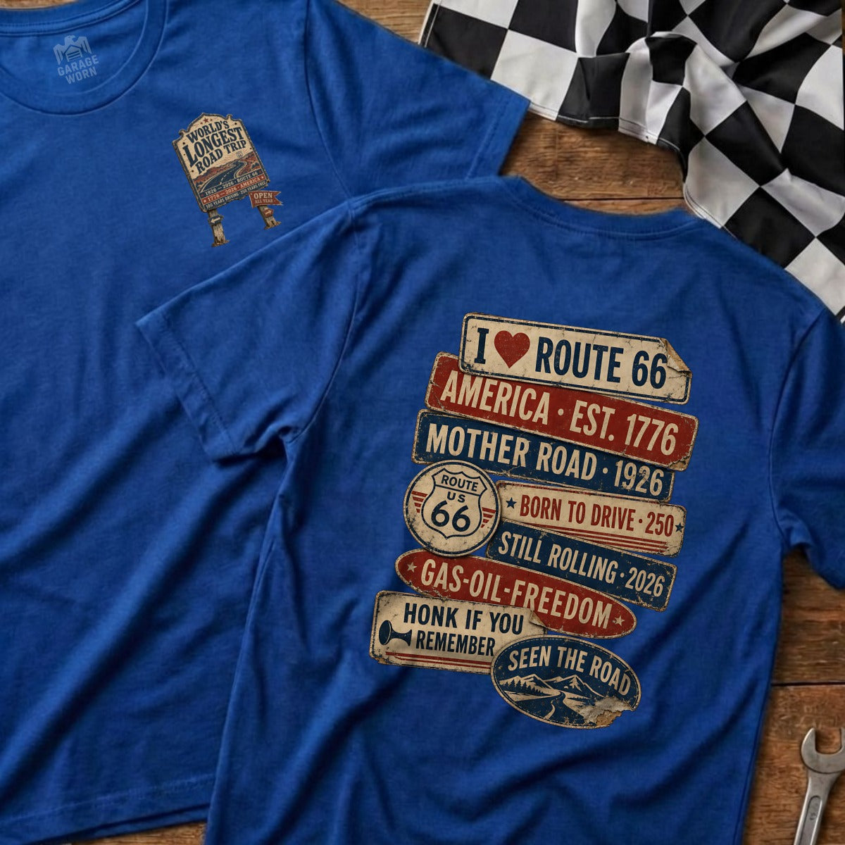 Blue t-shirts with Route 66 graphics and text, one featuring "World's Longest Road Trip."