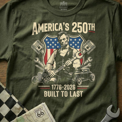 Abraham Lincoln holds wrench in front of USA flag shield and cars.
