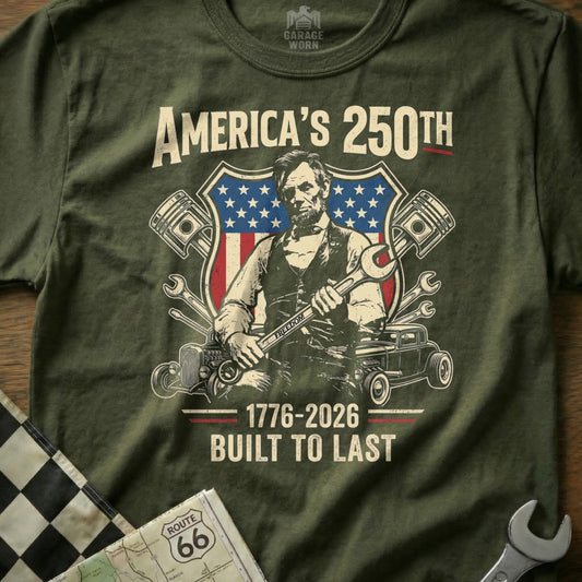 Abraham Lincoln holds wrench in front of USA flag shield and cars.