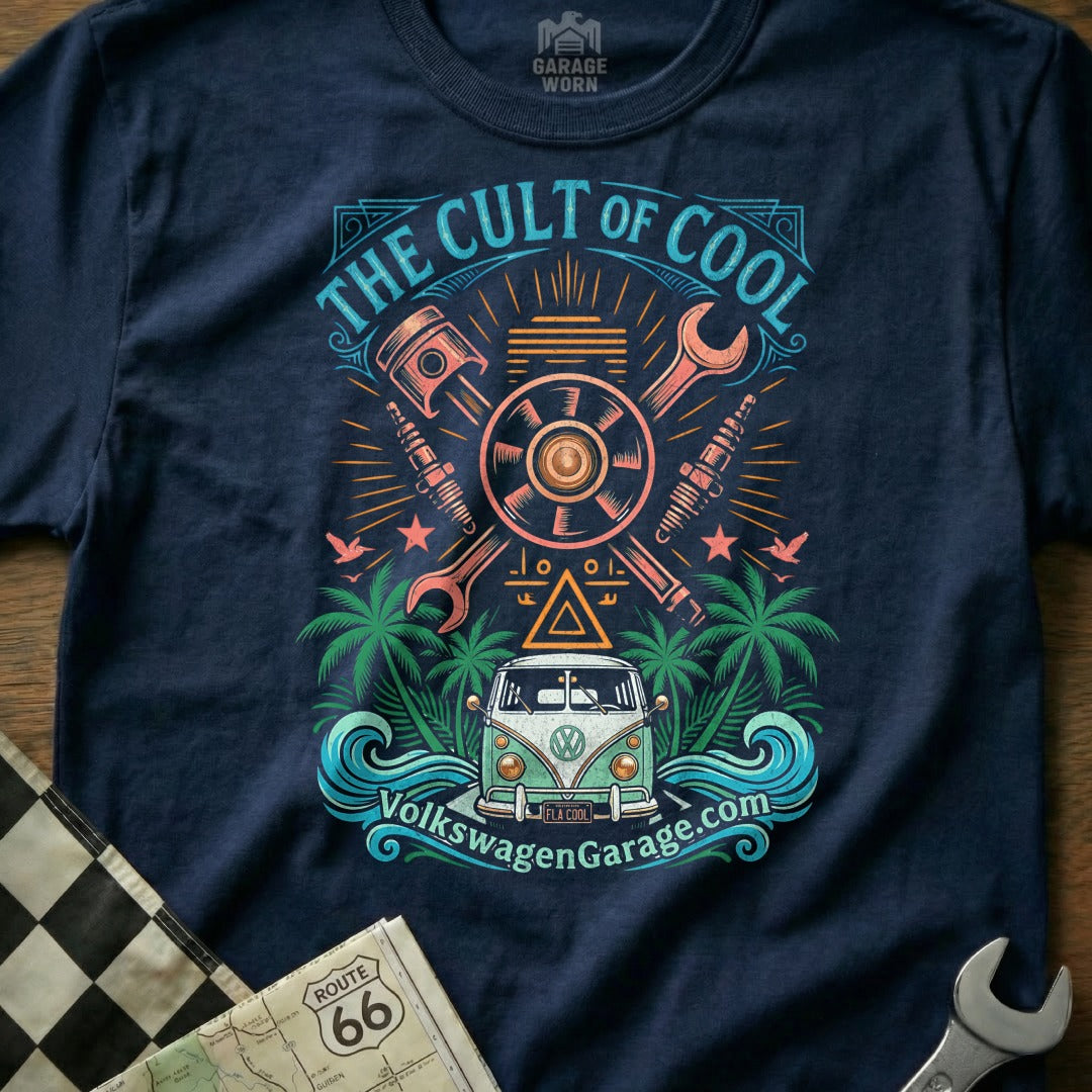 Navy t-shirt with "The Cult of Cool" graphic featuring a VW van and engine parts.