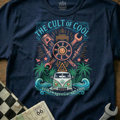 Navy t-shirt with "The Cult of Cool" graphic featuring a VW van and engine parts.