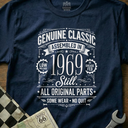 Navy t-shirt celebrating a 1969 "Genuine Classic" assembled with "Low Mileage" and "Grease Fed" parts.