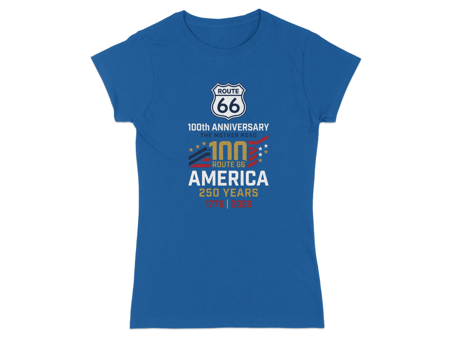Blue t-shirt with Route 66 100th Anniversary 1926-2026 logo.