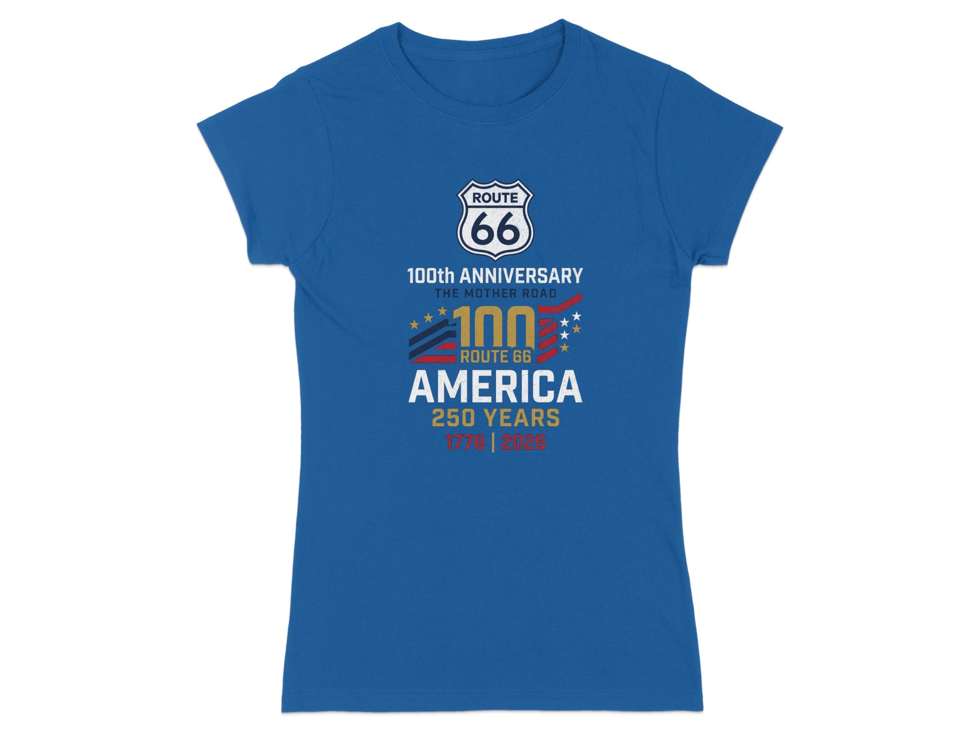 Blue t-shirt with Route 66 100th Anniversary 1926-2026 logo.