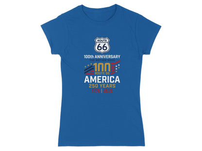 Blue t-shirt with Route 66 100th Anniversary 1926-2026 logo.