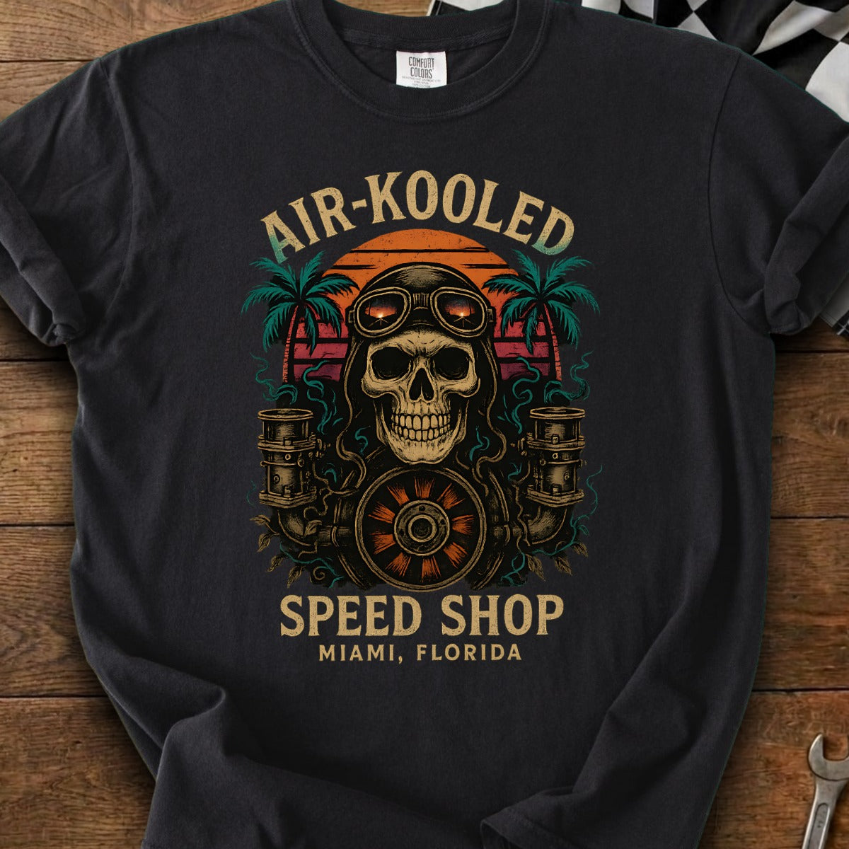 Skull with goggles and "Air-Kooled Speed Shop Miami, Florida" text.